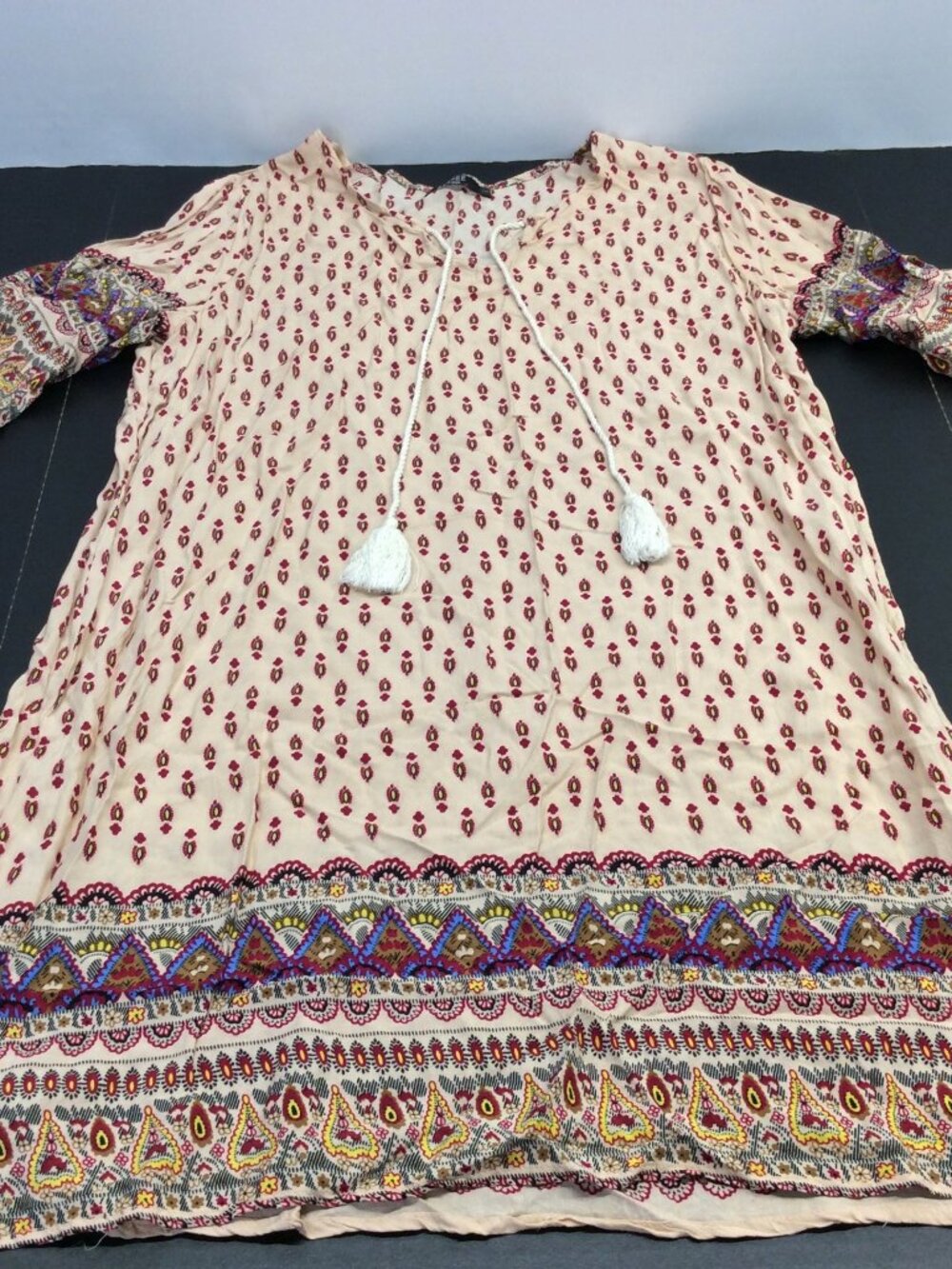 Aranee Summer Boho Tunic Dress Sz Large Tie Tassel Loose Gypsy